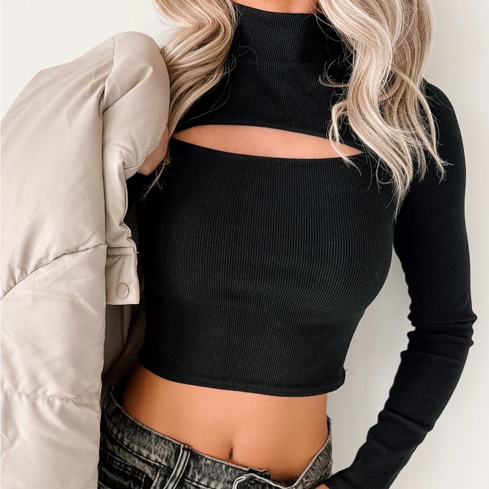 F21 Black Ribbed High Neck Cut-Out Long Sleeve Top